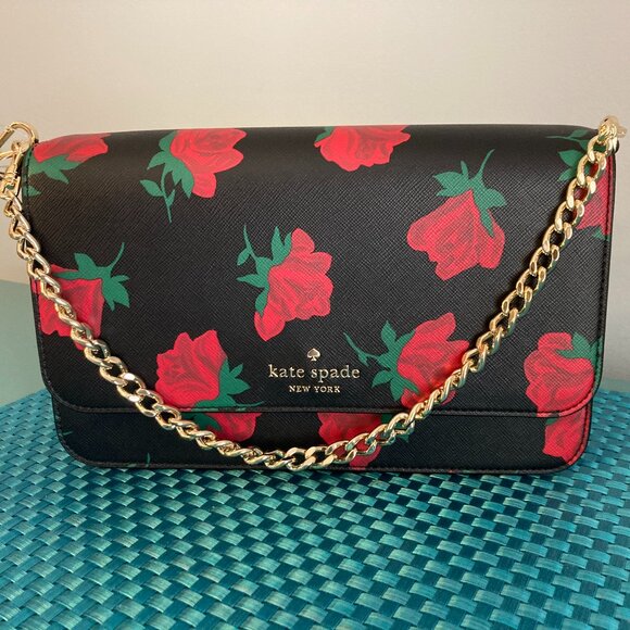 Kate Spade Madison Rose Floral Print Black Crossbody Bag NWT